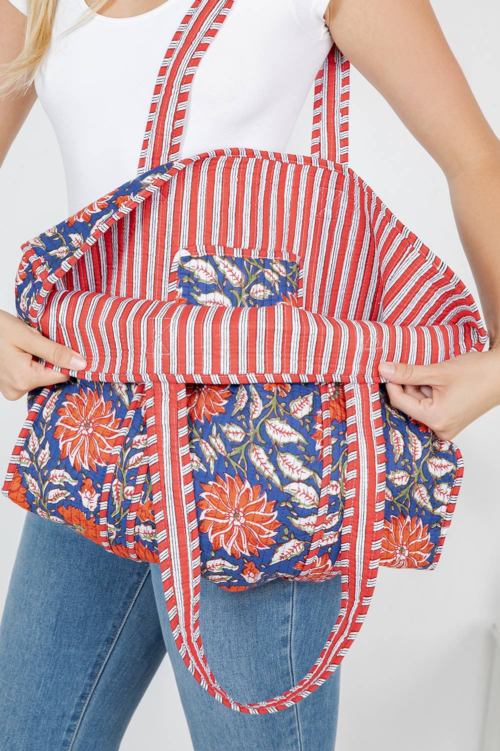 Quilted Tote Bag Blue and Orange