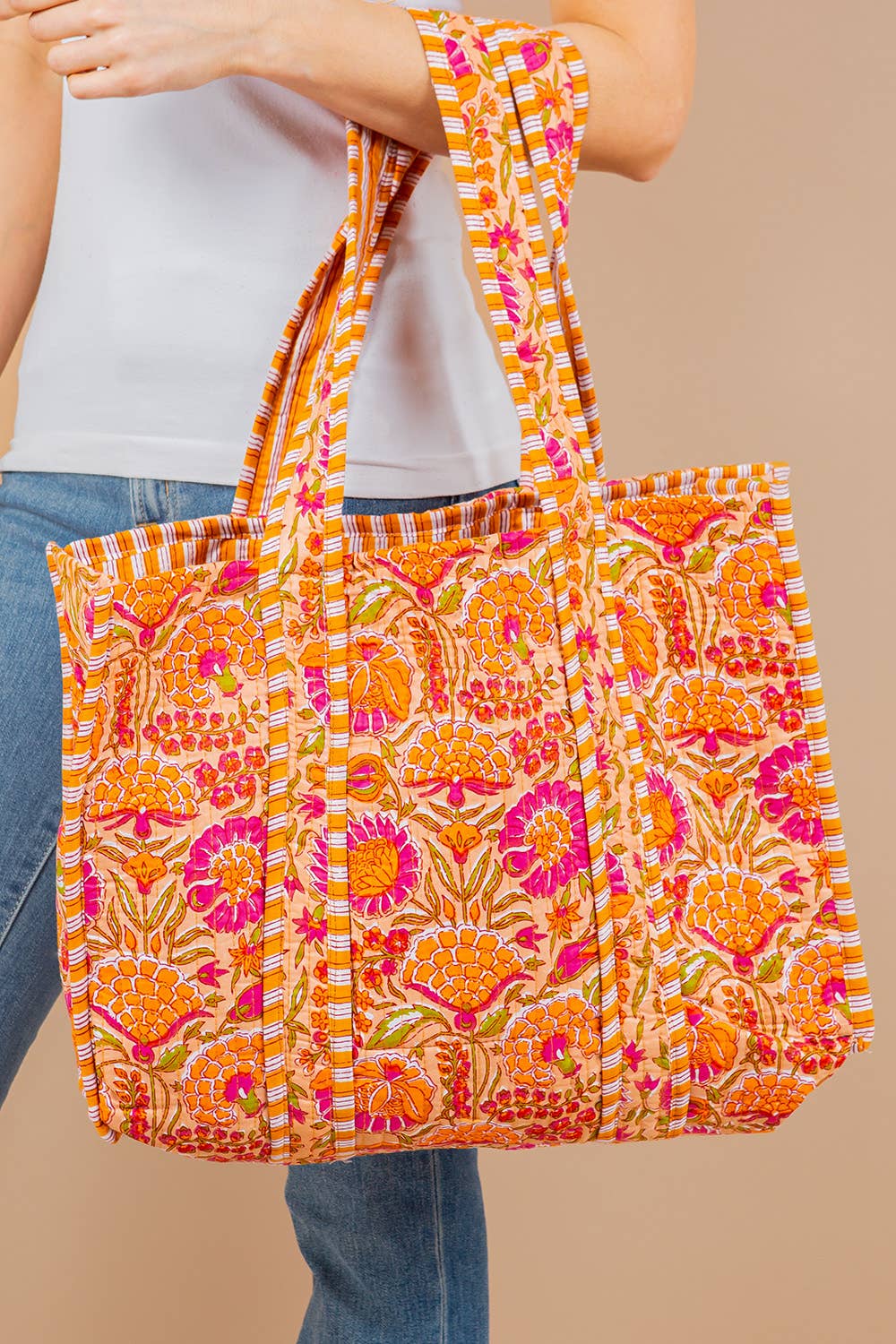 Quilted Tote Bag Orange and Pink
