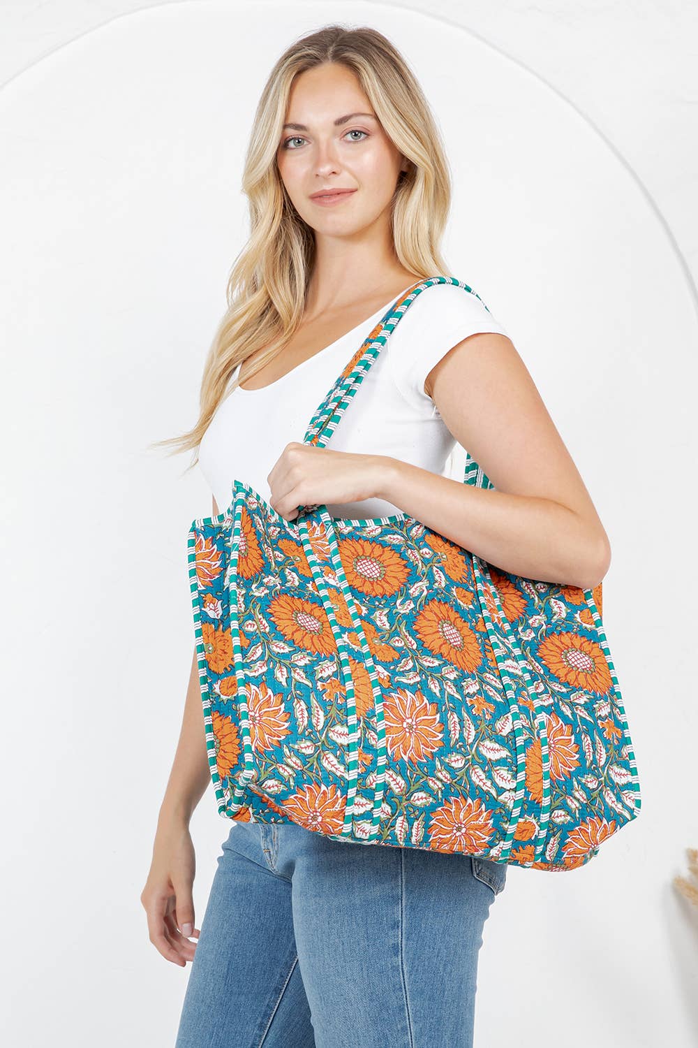 Quilted Tote Bag Blue and Orange