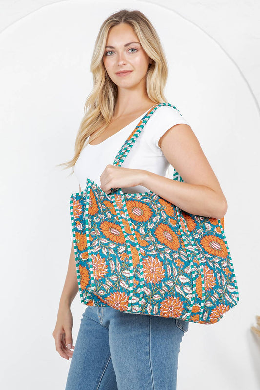 Quilted Tote Bag Blue and Orange