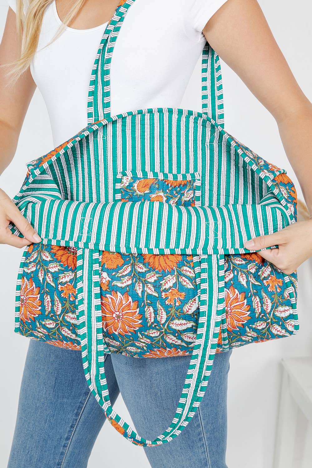 Quilted Tote Bag Blue and Orange