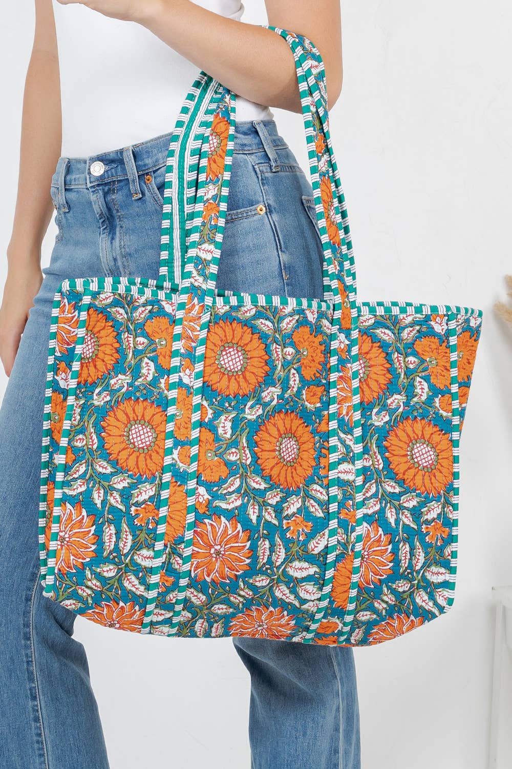 Quilted Tote Bag Blue and Orange