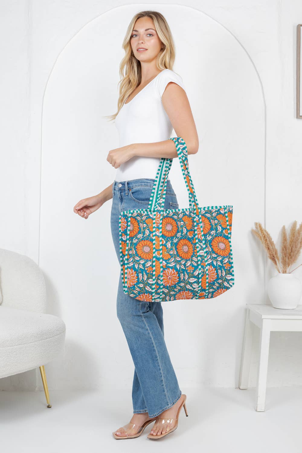 Quilted Tote Bag Blue and Orange