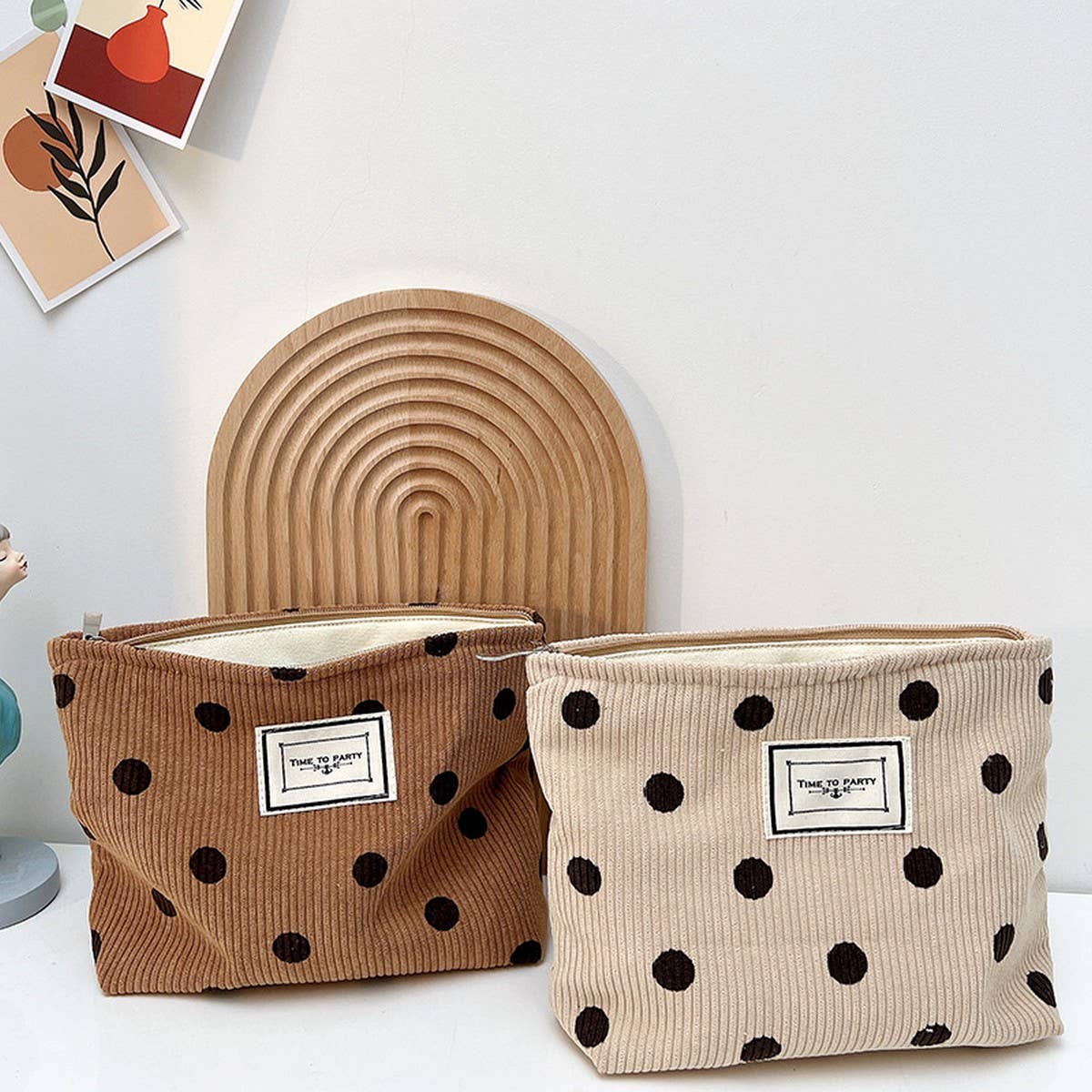 CORDUROY RETRO POLKA DOT MAKEUP BAG STORAGE BAG_CWAB1220