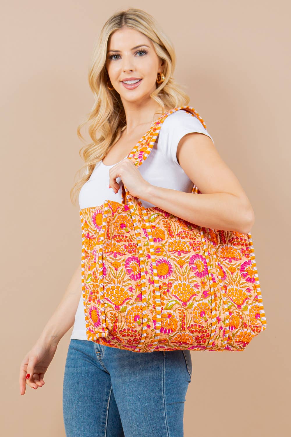 Quilted Tote Bag Orange and Pink