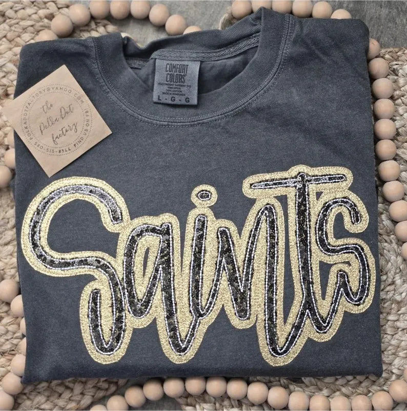 SAINTS Sequin glitter Crewneck Smoke Gray Comfort Color T-shirt - COLORS ARE CUSTOMIZABLE-