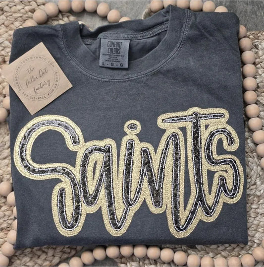 SAINTS Sequin glitter Crewneck Smoke Gray Comfort Color T-shirt - COLORS ARE CUSTOMIZABLE-